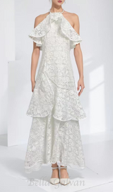 LYNN GARDENIA GUIPURE LACE RUFFLE GOWN IN WHITE