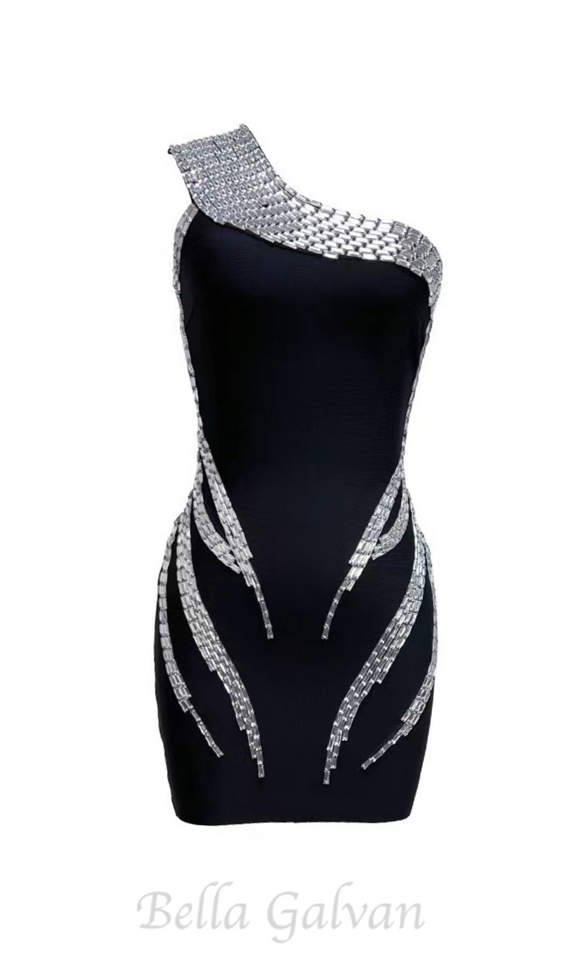 ONE SHOULDER RHINESTONE MINI DRESS IN BLACK