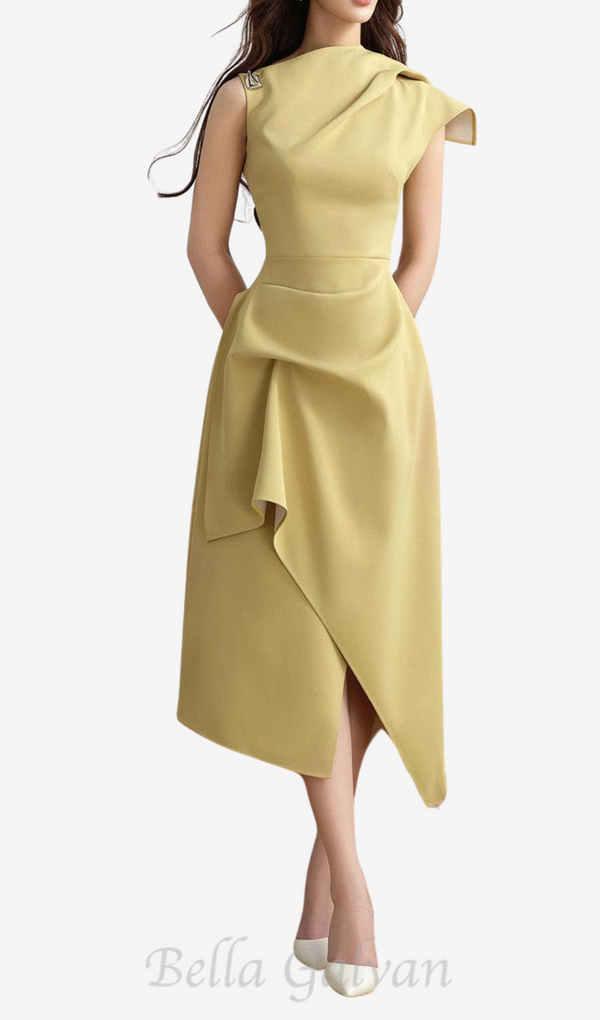 Calla Yellow Asymmetric Front Slit Twill Midi Dress