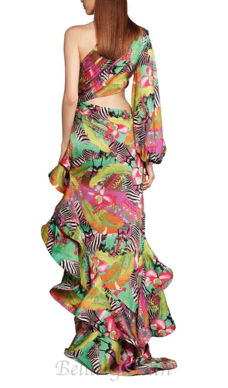 ONE SHOULDER RUFFLR TRIM PRINTED MAXI DRESS