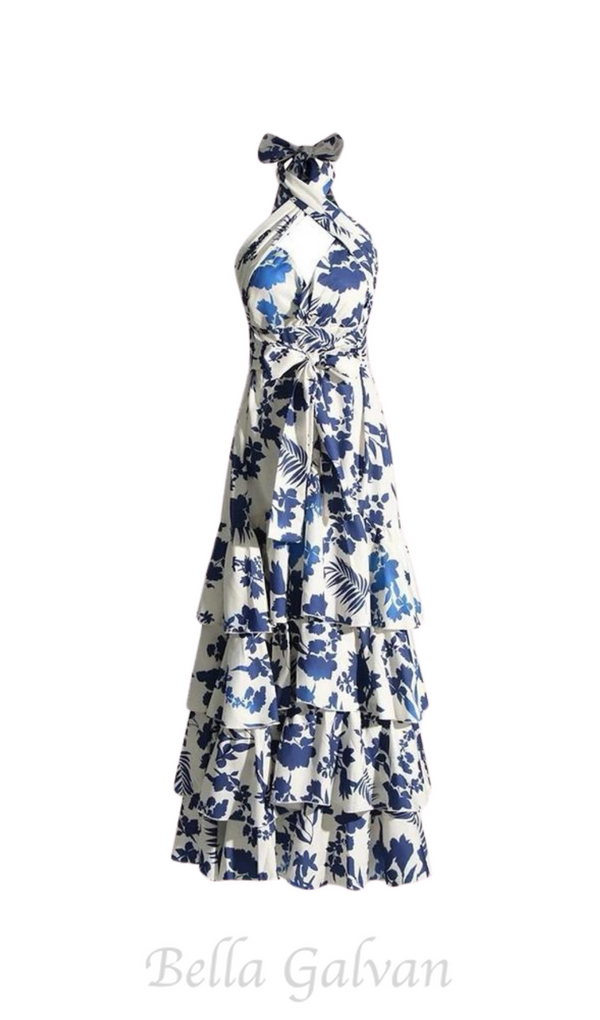 CAROLINE SLEEVELESS RUFFLED PRINT HALTER MAXI DRESS