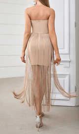 PENELOPE TULLE STRIPED EMBELLISH STRAPLESS APRICOT  MIDI DRESS