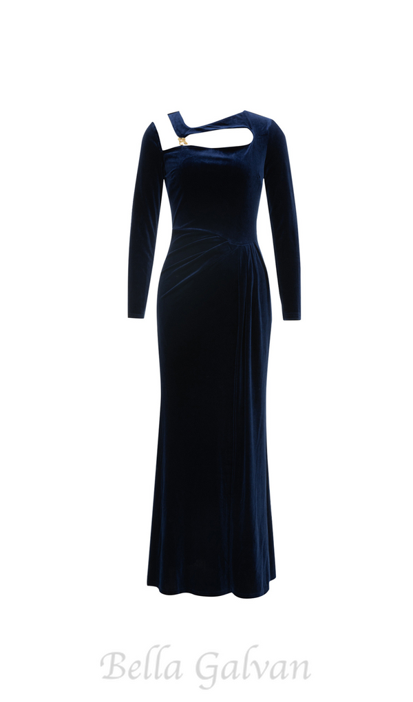 CORAL CUTOUT VELVET BODYCON MAXI DRESS IN DARK BLUE