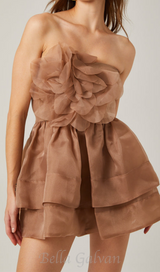 ALISA FLOWER TULLE STRAPLESS MINI DRESS IN BROWN