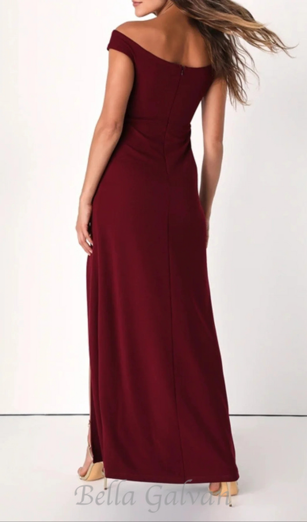 Behold My Love Burgundy Off-The-Shoulder Twist-Front Maxi Dress