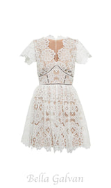 WHITE FLORAL GUIPURE MINI DRESS