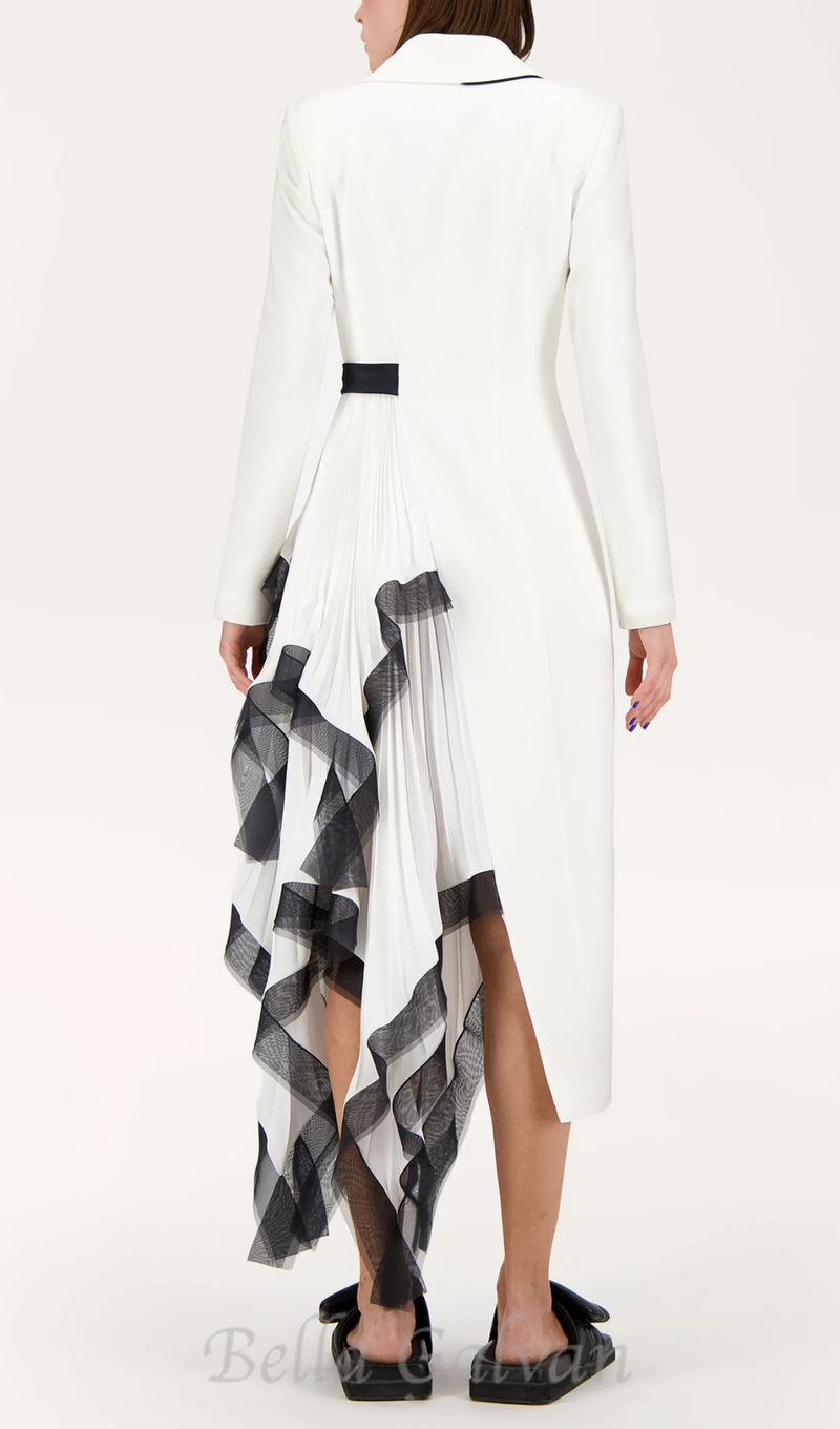 Asymmetric pleated ruffle trim blazer dress in white