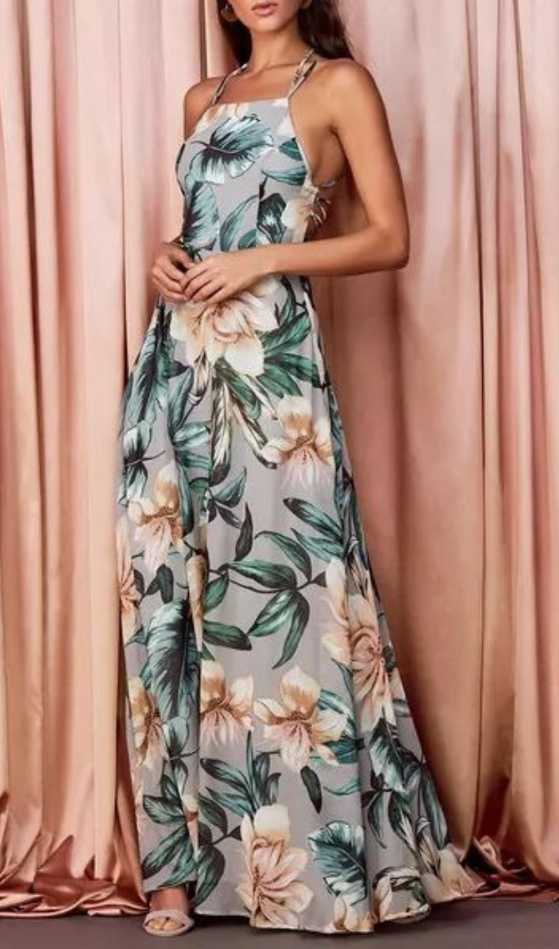 Grey Floral Print Lace-Up Maxi Dress