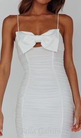 bow ruched midi dress in white