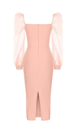 MESH SLEEVE BODYCON MIDI DRESS IN BLUSH PINK