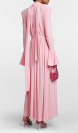 ERIN LANTERN SLEEVE HIGH COLLAR FLOWER SLIT MIDI DRESS IN PINK