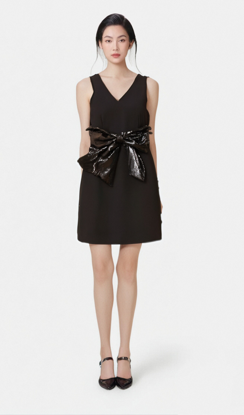 Roxane V-neck sequin-bow mini dress in Black