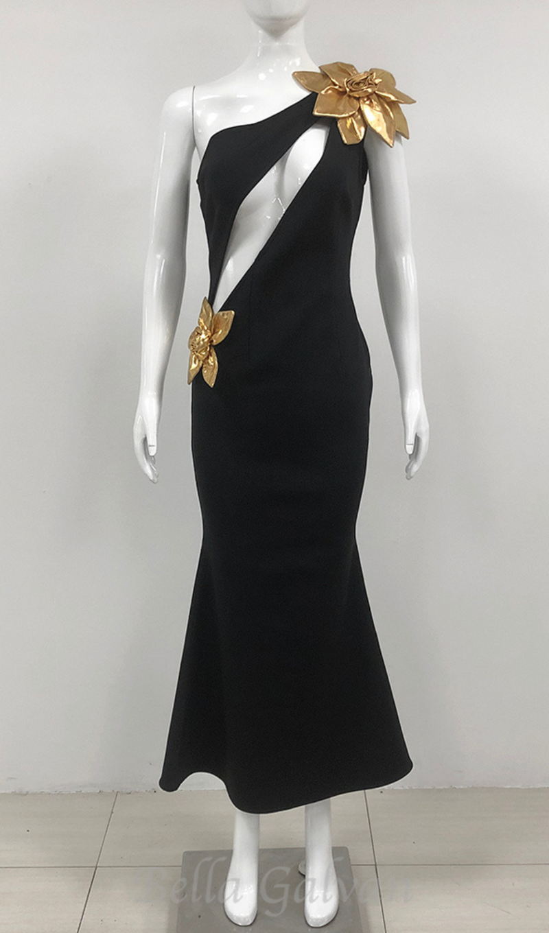 EUNICE GOLD 3D FLOWER CUT OUT BLACK MAXI DRESS