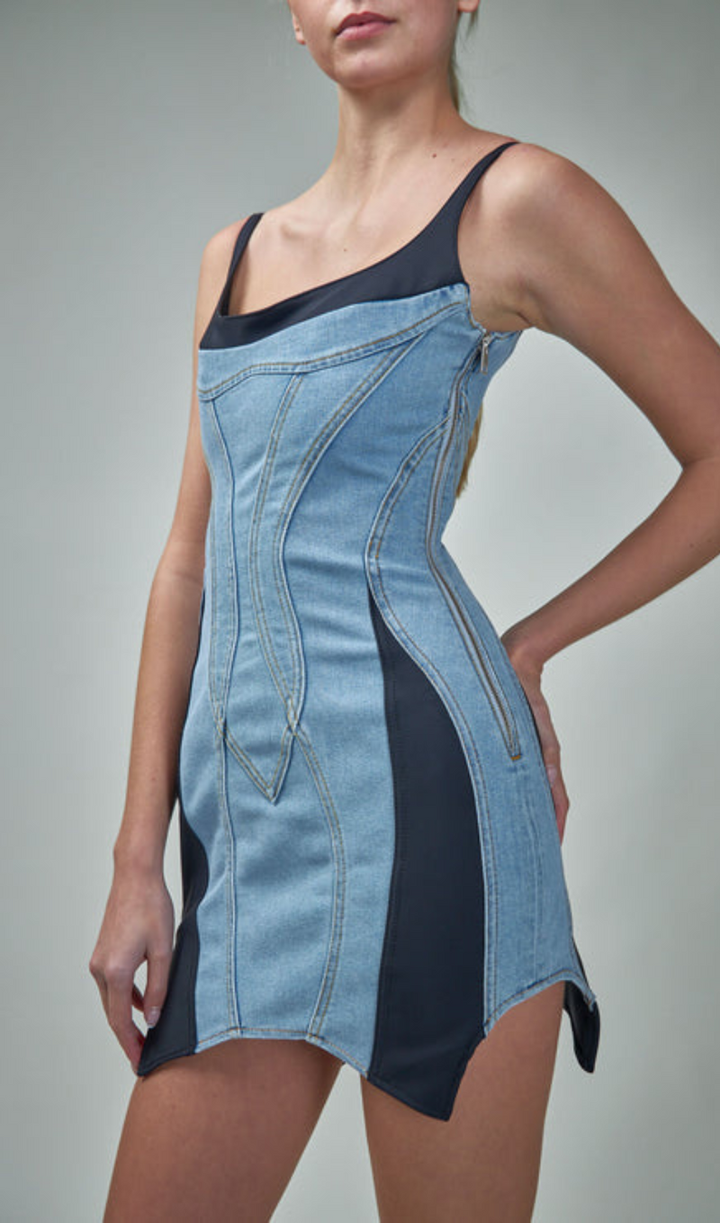 DENIM JERSEY BODYCON MINI DRESS IN BLUE