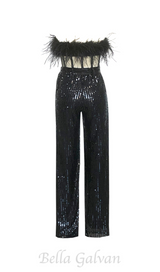 FANNY STRAPLESS FEATHER SEQUIN JUMPSUIT IN BLACK