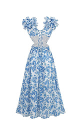 RUFFLED FLORAL CUTOUT MAXI DRESS IN BLUE