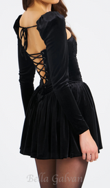 Yolanda Black Velvet Long Sleeve Mini Dress with Lace Trim