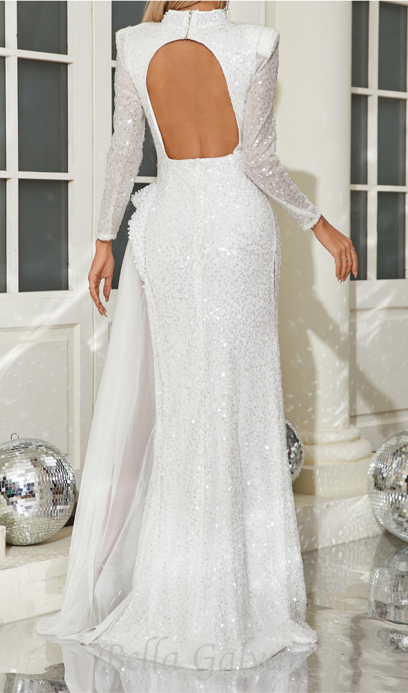 YVETTE PEARL EMBELLISHED SEQUIN MAXI DRESS IN WHITE