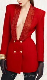 GEORGIA RHINESTONE BUTTON BACKLESS BLAZER IN RED