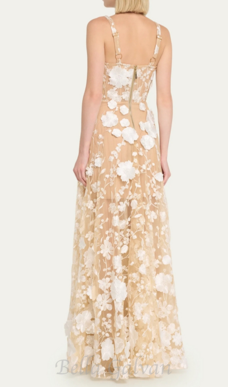 APPHIA FLORAL EMBROIDERED SLEEVELESS TULLE MAXI DRESS