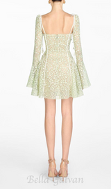 TERESA TRUMPET SLEEVE LACE EMBROIDERY MINI DRESS IN GREEN