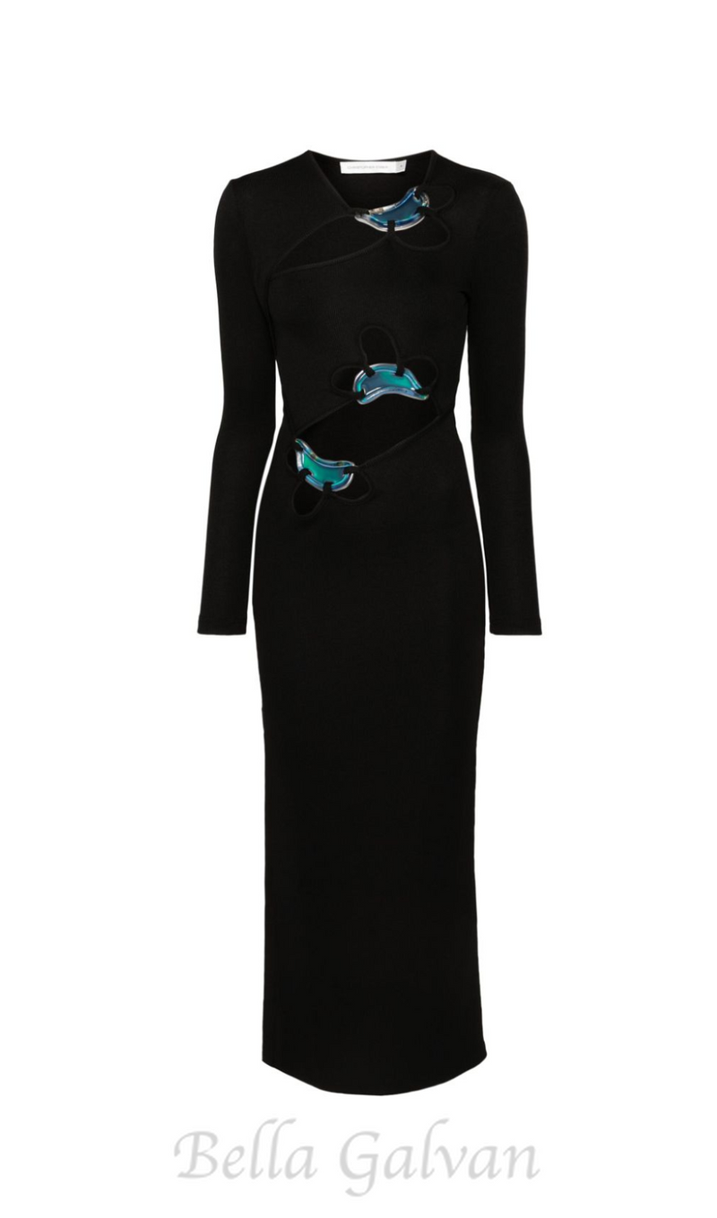 SALLY BLACK LONG SLEEVE CUT-OUT RIBBED MAXI DRESS