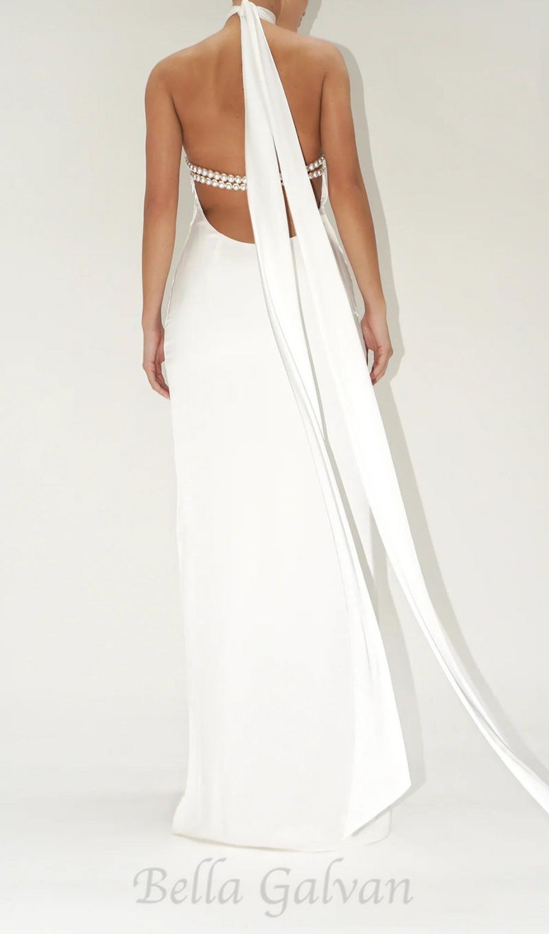 MIGNON SATIN BELT BACKLESS PEARL EMBELLISHED MAXI DRESS IN WHITE