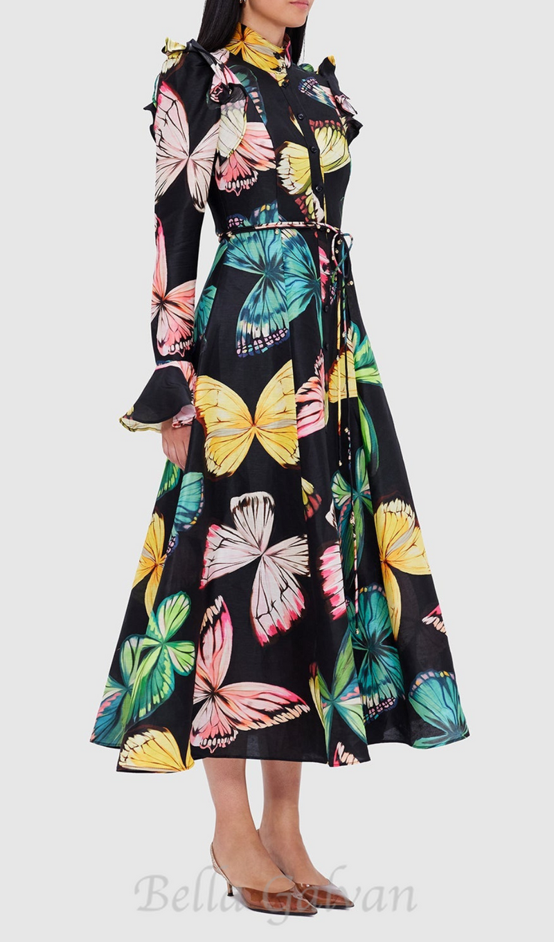 BUTTERFLY SLEEVE PAPILLON PRINT MIDI DRESS IN BLACK