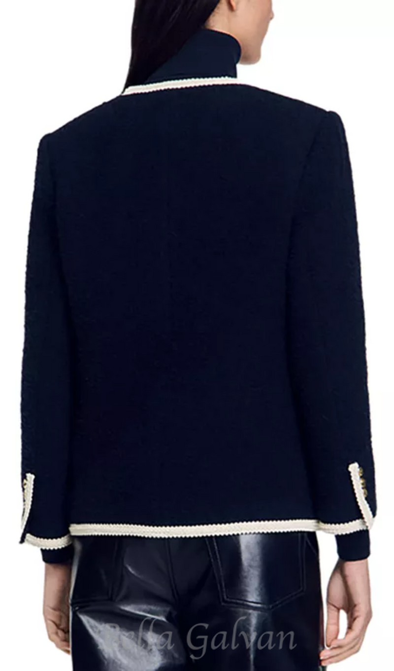 Jill Tweed Contrast Trim Jacket in navy blue