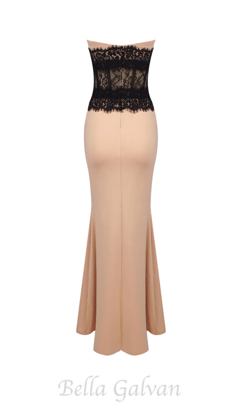 ADELE CREPE LACE CORSET MAXI DRESS IN BEIGE