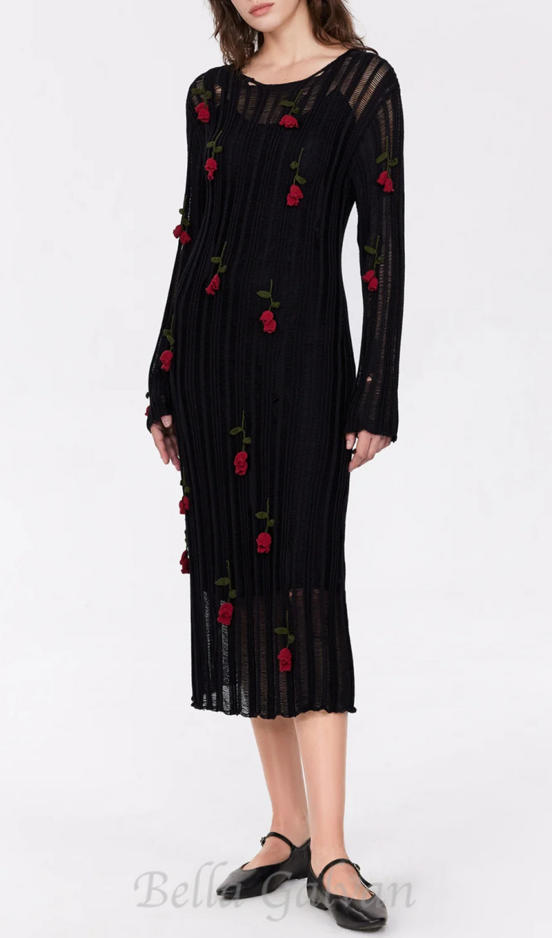 Hilaria Rose Handcrafted Knit Midi Dress in Black