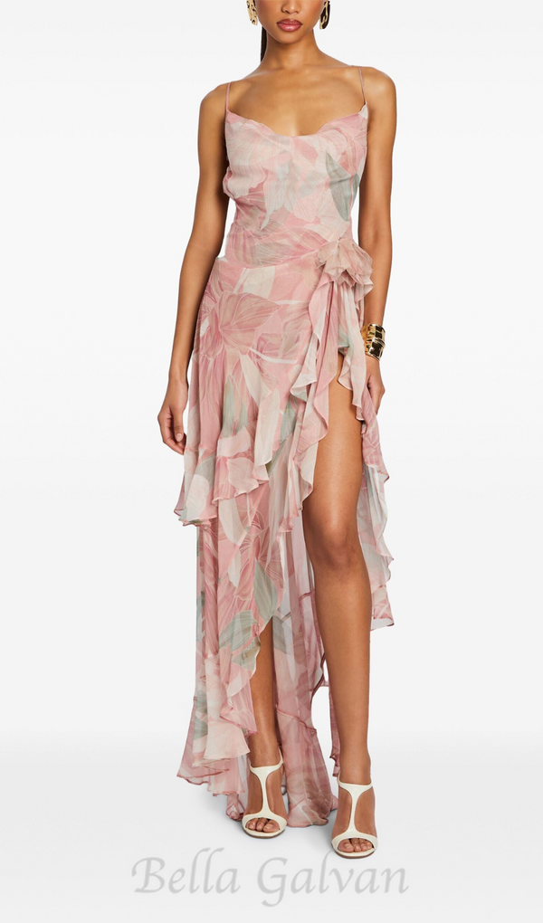 ZORA PINK FLORAL-PRINT RUFFLED SILK MIDI DRESS