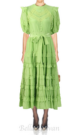 Lace ruffle trim layer midi dress in green