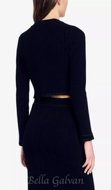 Velvet-texture cropped knitted cardigan in noir