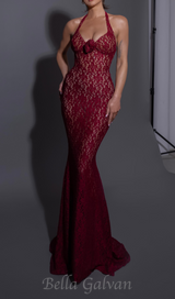 EARTHA HALTER FLORAL LACE MAXI DRESS IN BURGUNDY