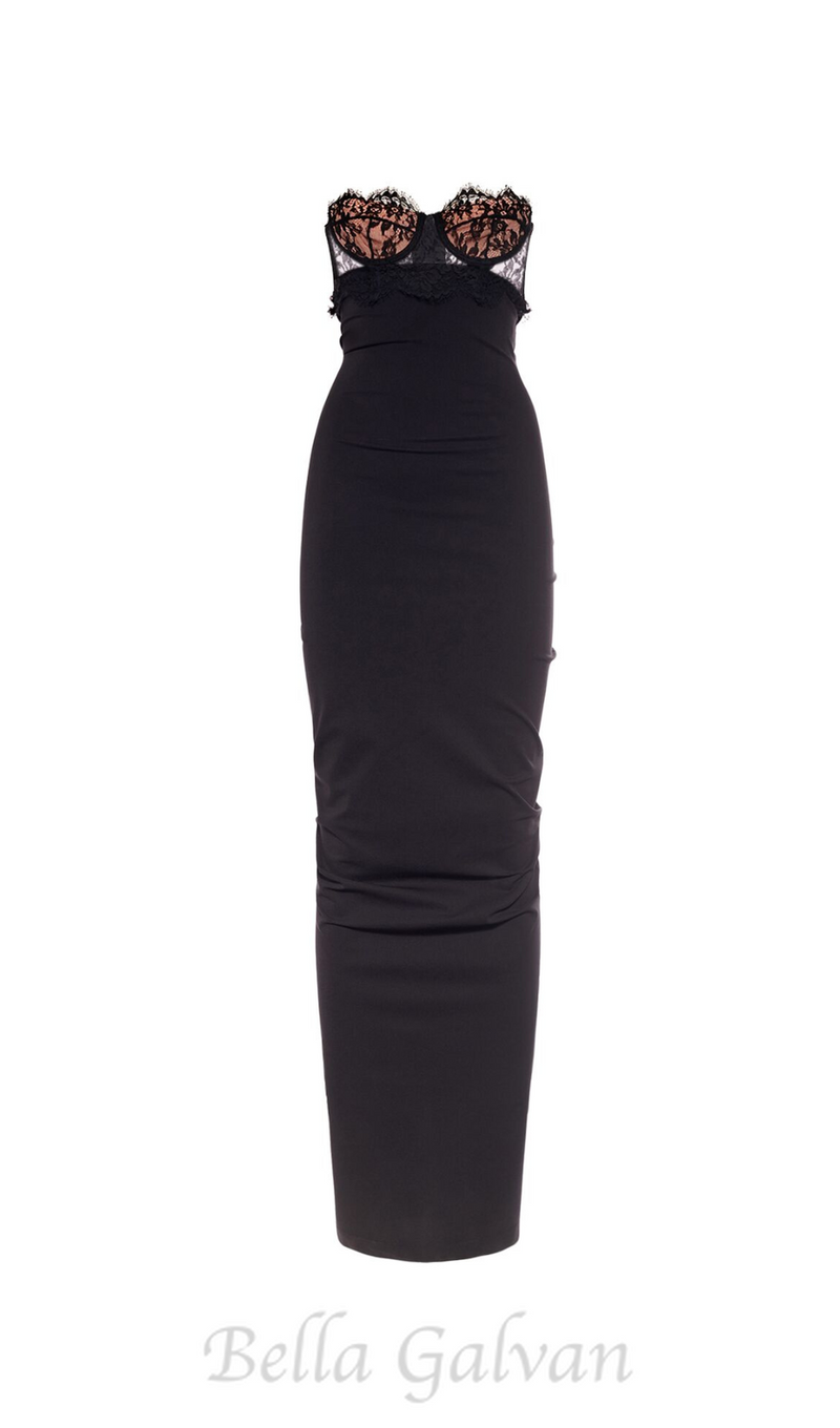 GWENDOLYN STRETCH JERSEY STRAPLESS MAXI DRESS IN BLACK