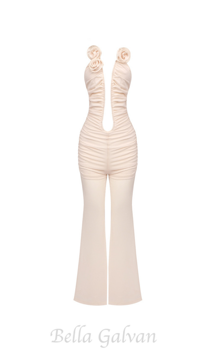 XANTHE APRICOT 3D FLOWER RUCHED MESH JUMPSUIT