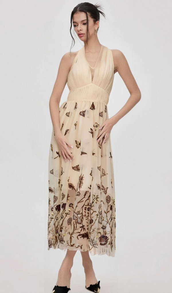 Joséphine halterneck butterfly-motif tulle midi dress