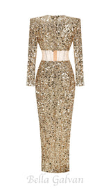 sequin long sleeve maxi dress in gold