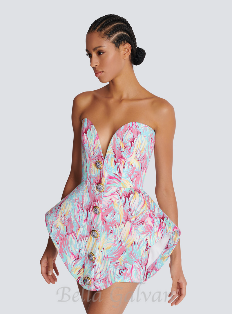 STACEY MULTICOLOR FEATHER PRINT PEPLUM BUSTIER MINI DRESS