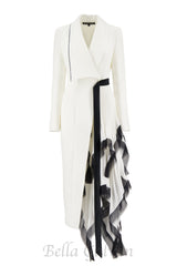 Asymmetric pleated ruffle trim blazer dress in white