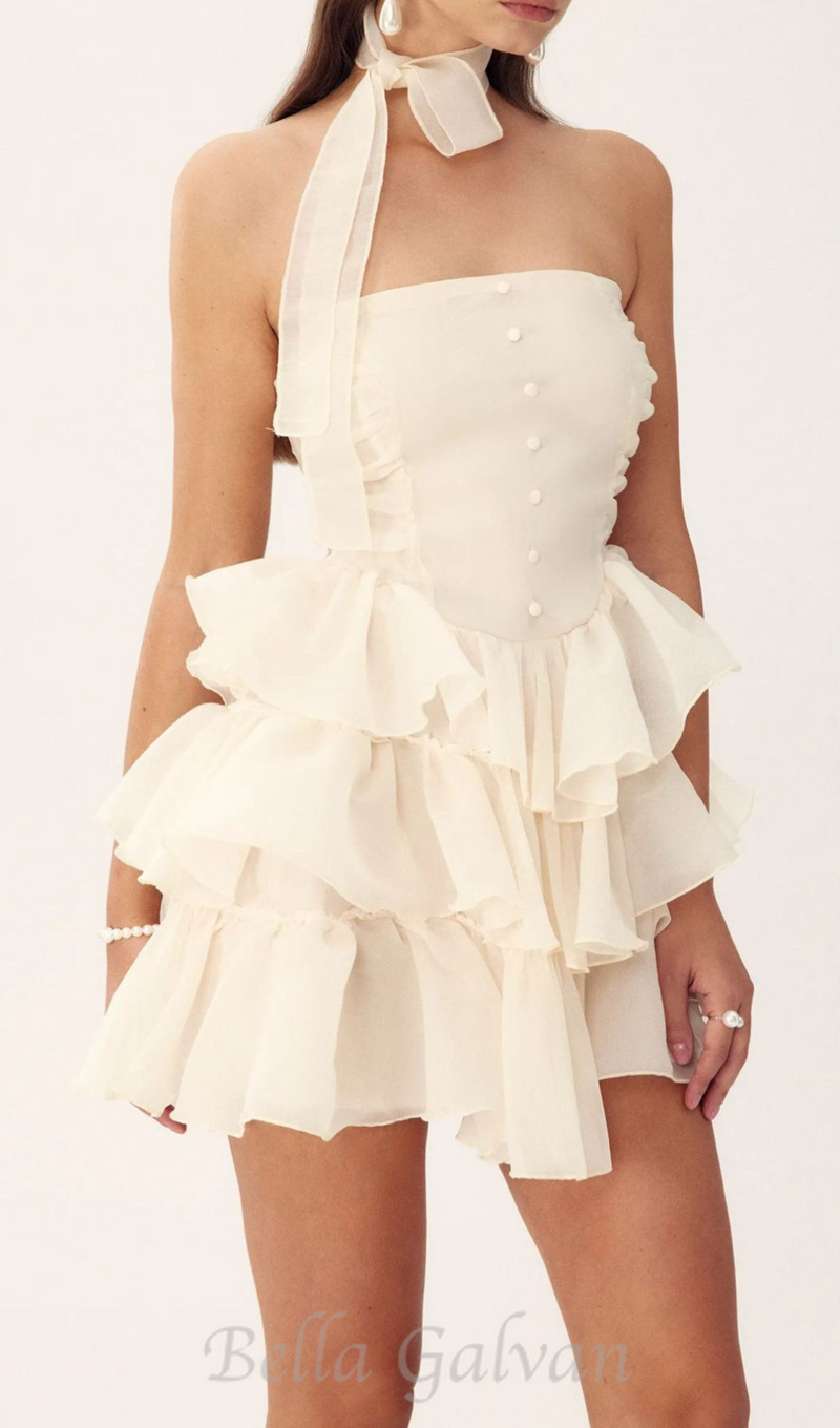 JANICE STRAPLESS RUFFLE MINI CHIFFON DRESS IN BEIGE