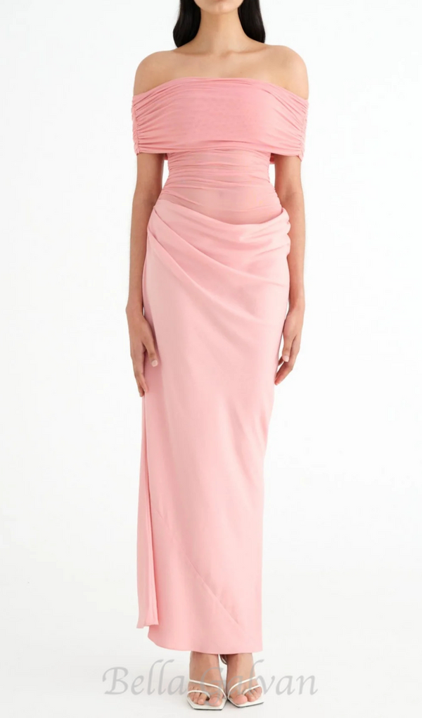 Reanko Off Shoulder Ruched Mesh Maxi Dress in Pink