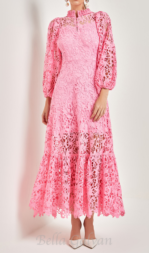 TARA PINK LACE EMBROIDERED LONG SLEEVE MIDI DRESS