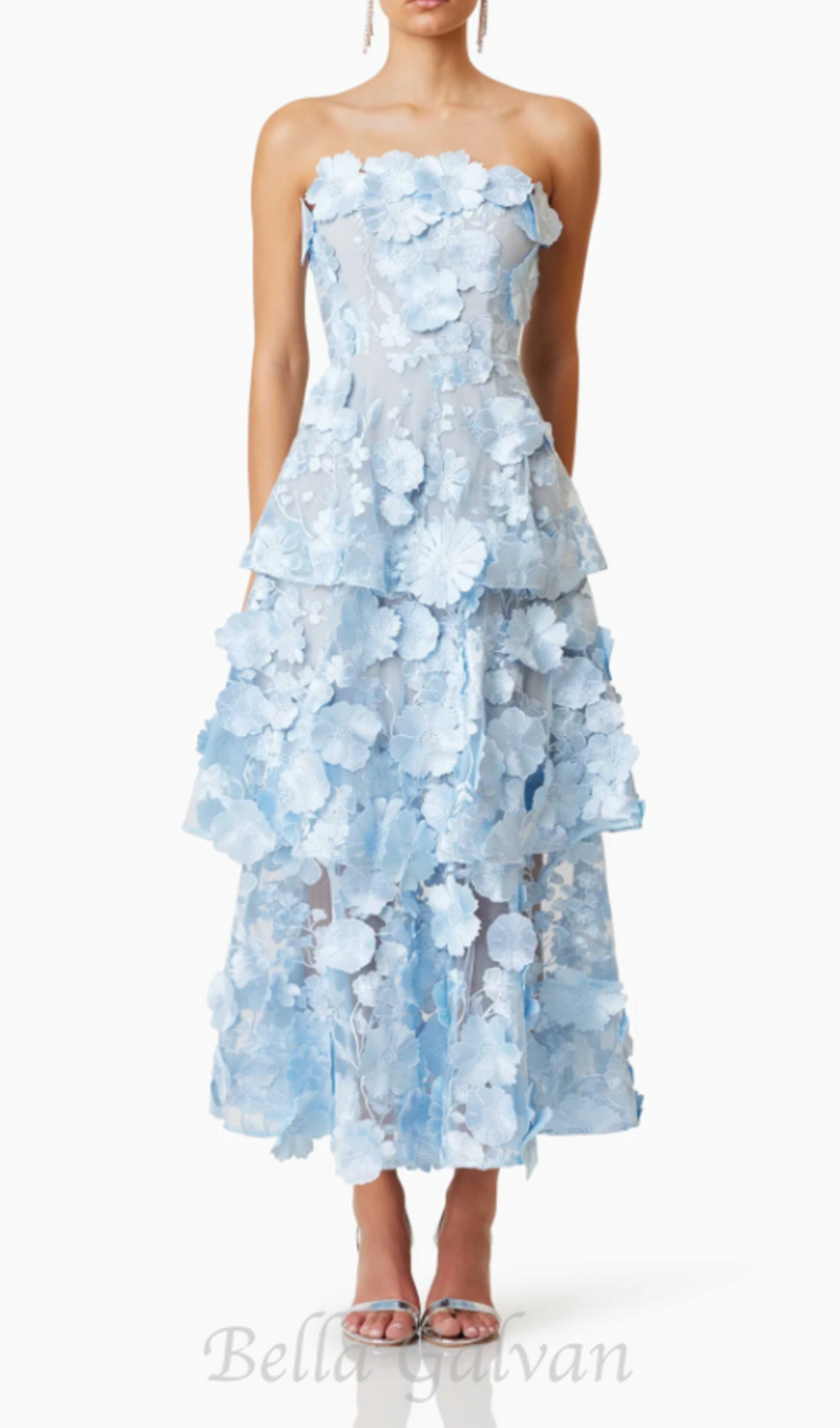 Selene 3D flower Tiered Maxi Dress In Blue