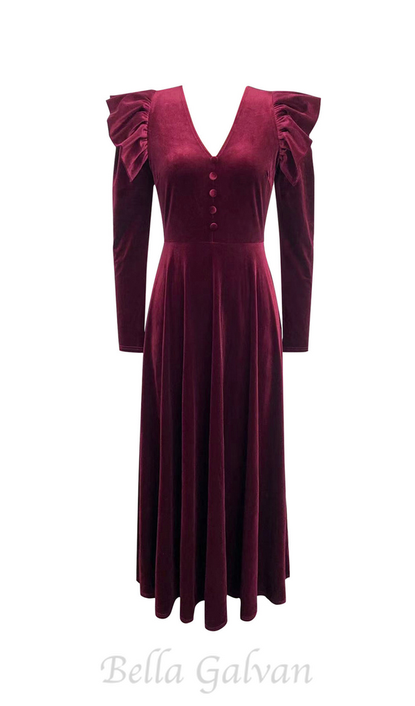 IRMA BURGUNDY V-NECK RUFFLE TRIM EMBELLISHED VELVET MAXI DRESS