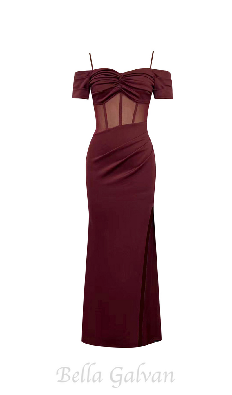 REGINA BURGUNDY HIGH SLIT RUCHED MAXI DRESS