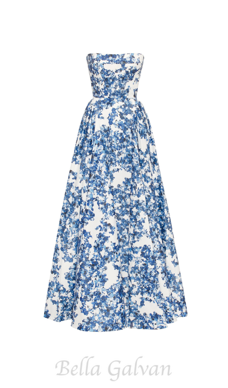 LETITIA BLUE HYDRANGEA STRAPLESS MAXI DRESS