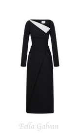 REGINA BLACK ASYMMETRIC NECK POLYCOTTON SHEATH MIDI DRESS