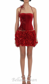 velvet corset floral mini skirt suit in red